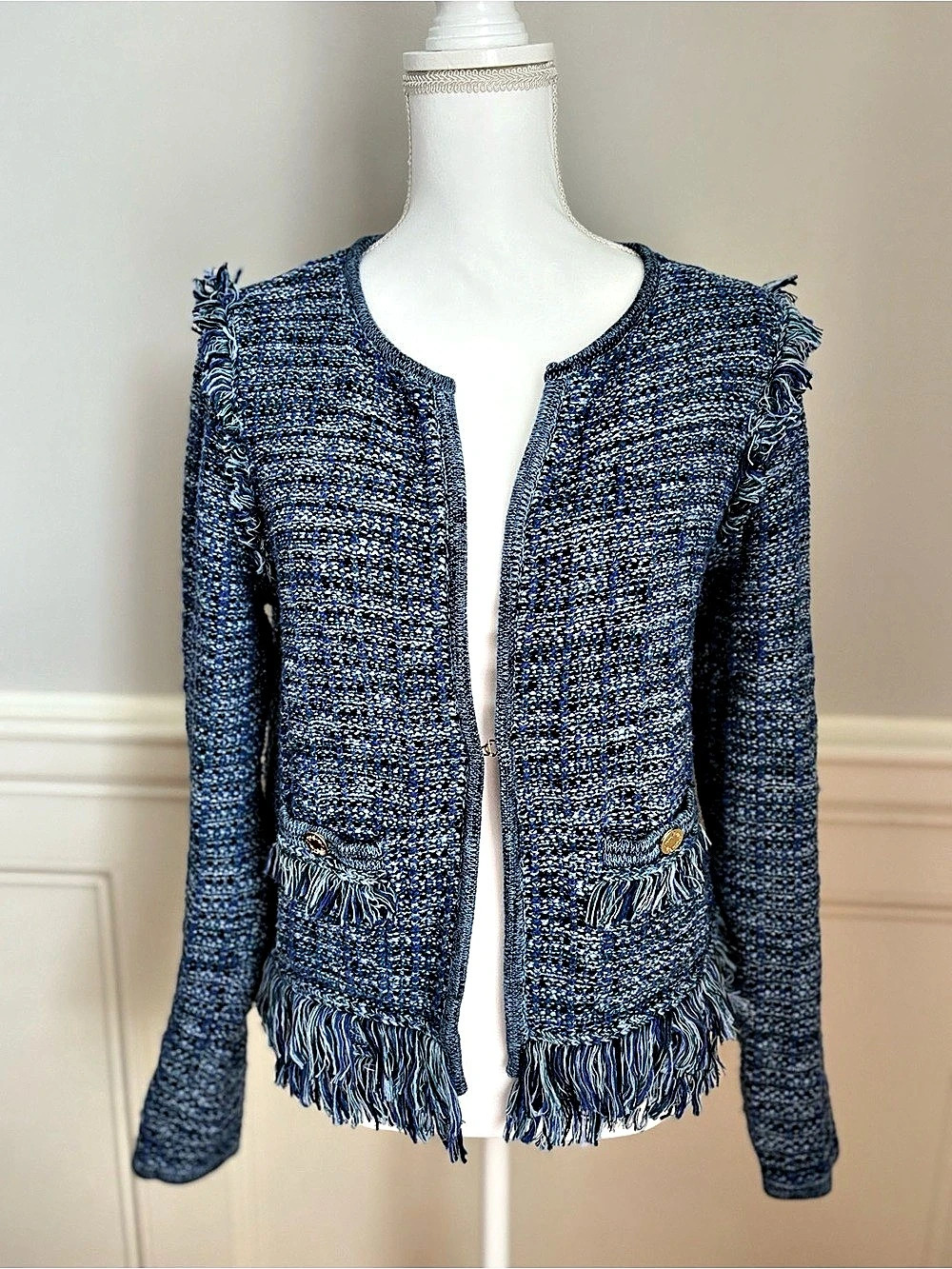 Lilly Pulitzer Simora Fringe Cardigan in Oyster Bay Navy Exotic Tweed